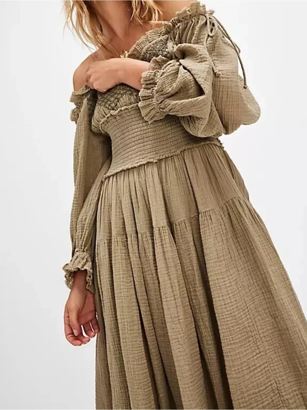 Free People Toledo Midi Dress - Size M - green - Off The Shoulder